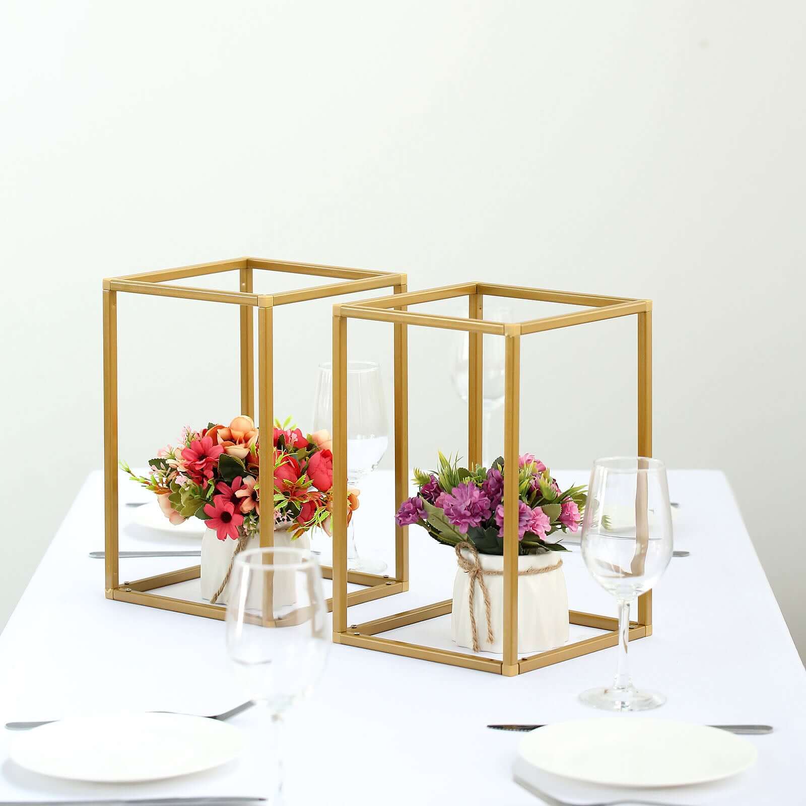 2 Pack Rectangular Gold Metal Wedding Flower Stand, Geometric Column Frame Centerpiece 12