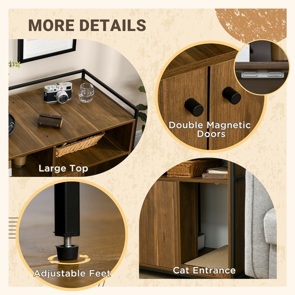 PawHut Hidden Cat Litter Box Enclosure with Scratching Pad， Cat Washroom Storage Bench Side End Table with Double Doors