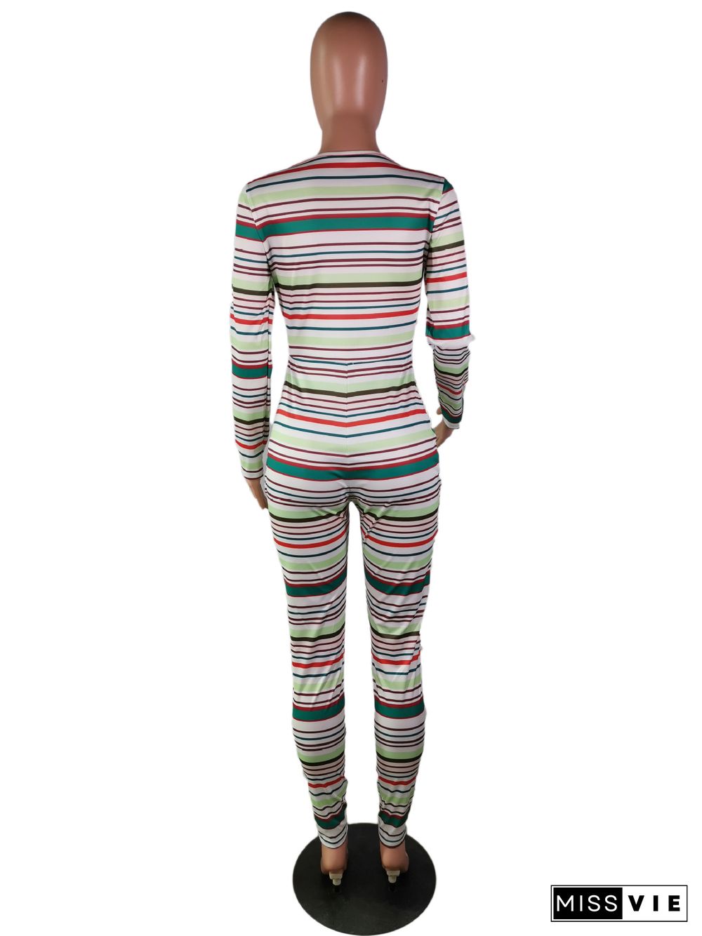 Womens Color Striped Printed Long Sleeve Skinny Jumpsuit