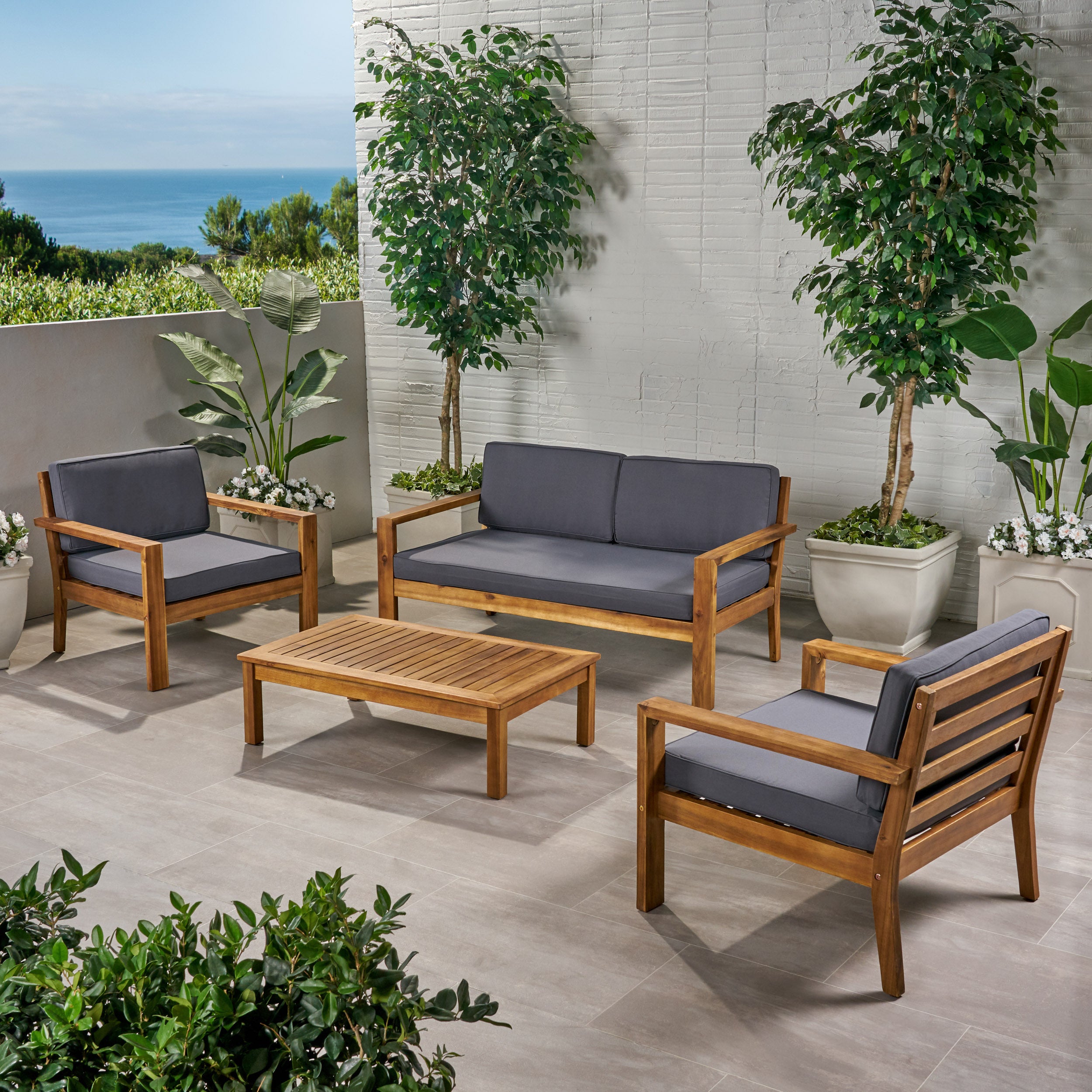 Gloria Outdoor 4 Seater Acacia Wood Chat Set with Cushions