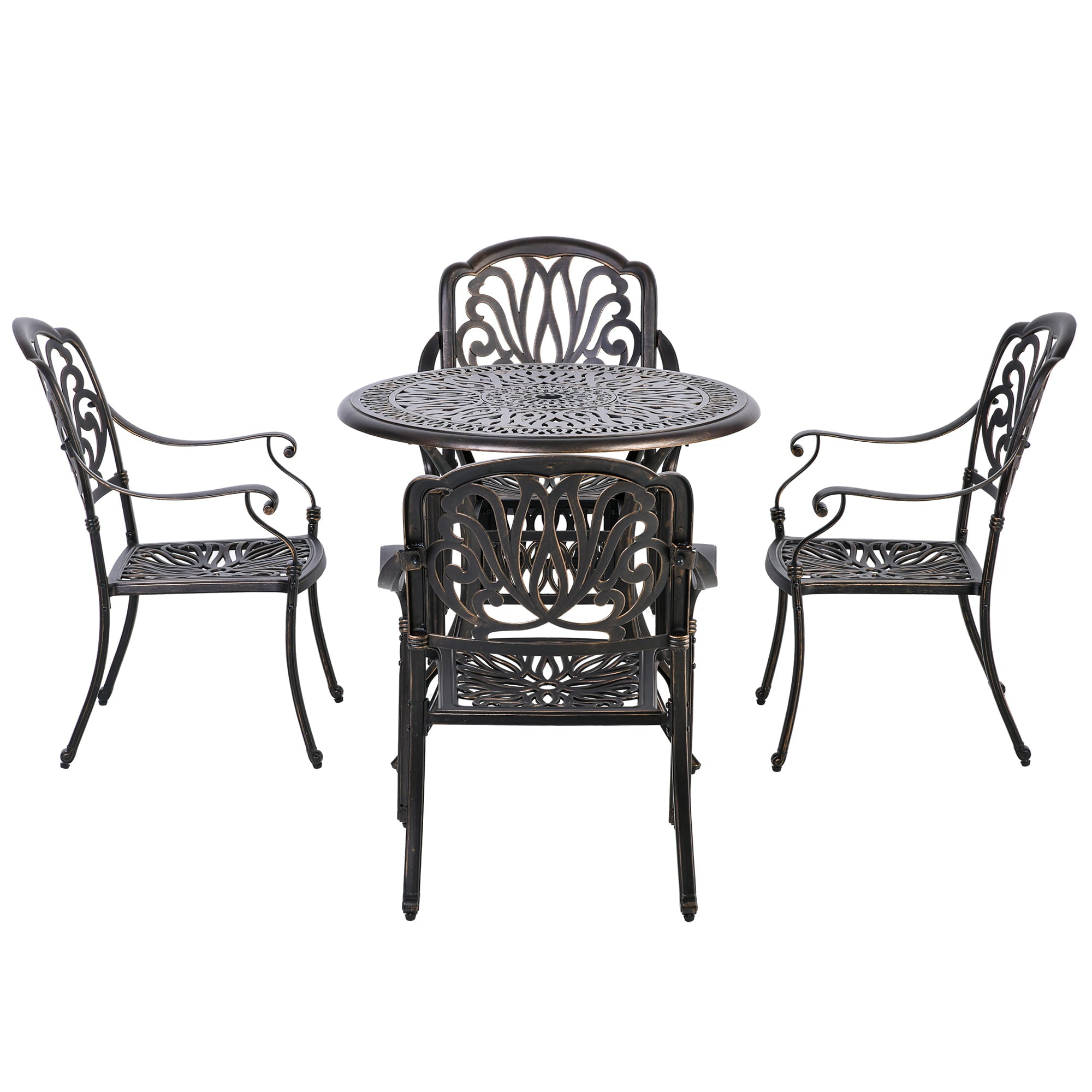 Outsunny Outdoor Furniture Cast Aluminum Dining Set for 4, Round Patio Table and Chairs with 2" Umbrella Hole, Stackable Design, Adjustable Feet for Balcony, Backyard, Deck, Garden, Bronze