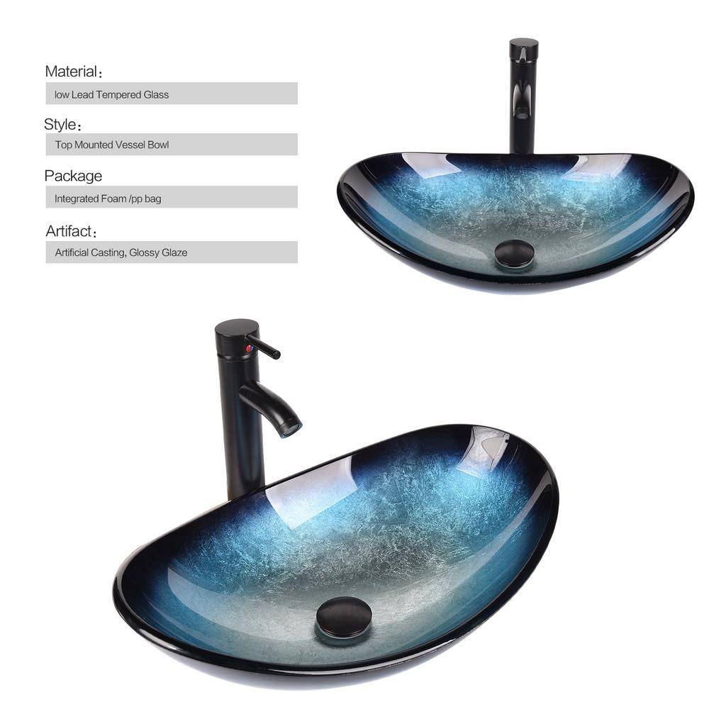 Puluomis Boat Shape Blue Glass Vessel Sink with Faucet in Black included Pop-up Drain USGB0005-BL