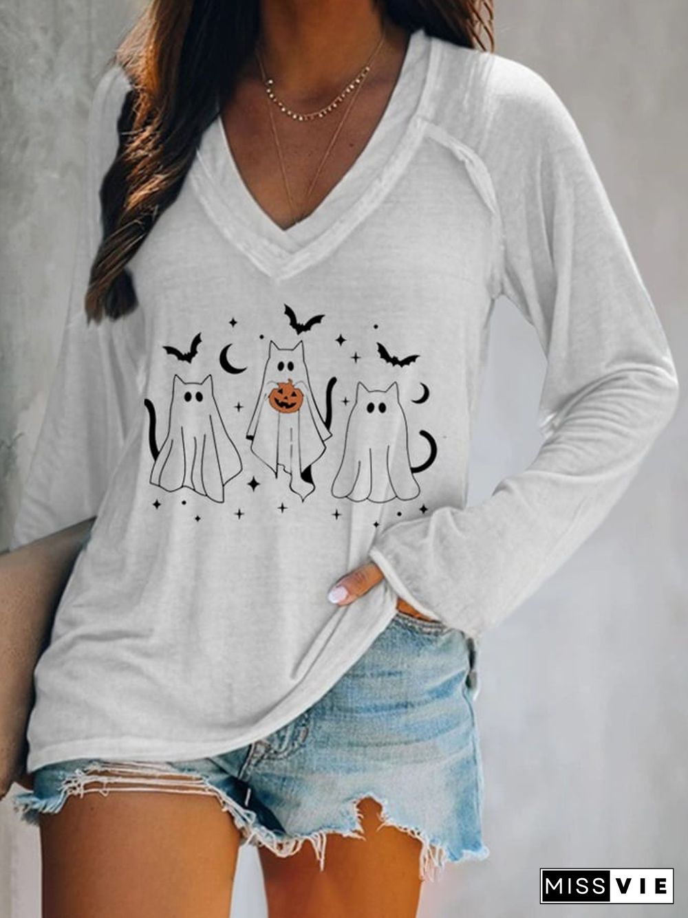 Women's Ghost Cats Print Casual T-Shirt