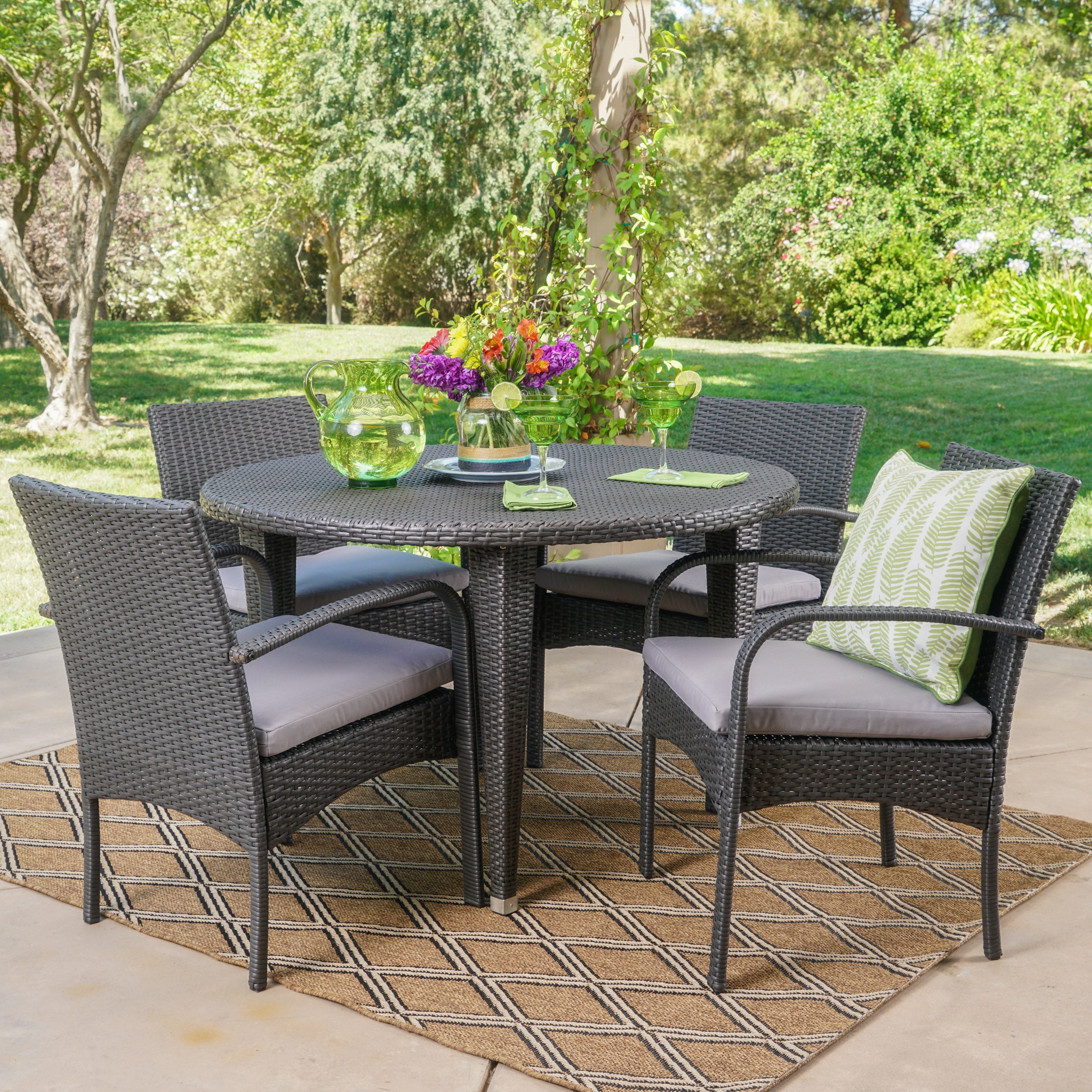 Maloa Outdoor 5 Piece Wicker Circular Dining Set with Water Resistant Cushions