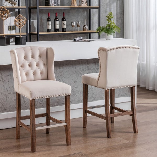 Upholstered 27 Seat Height Barstools with Nailhead-Trim and Tufted Back， Set of 2