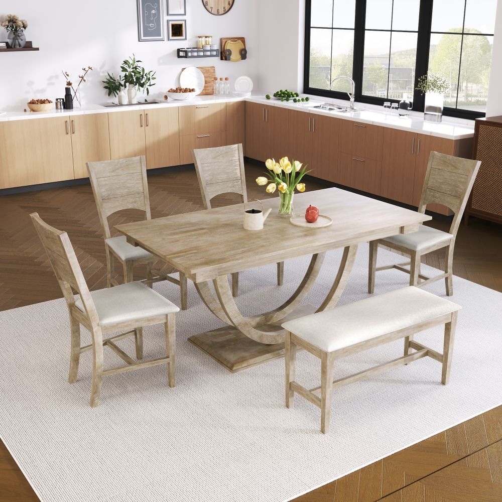 6 Piece Wood Half Round Dining Table Set Kitchen Table Set with Long Bench and 4 Dining Chairs