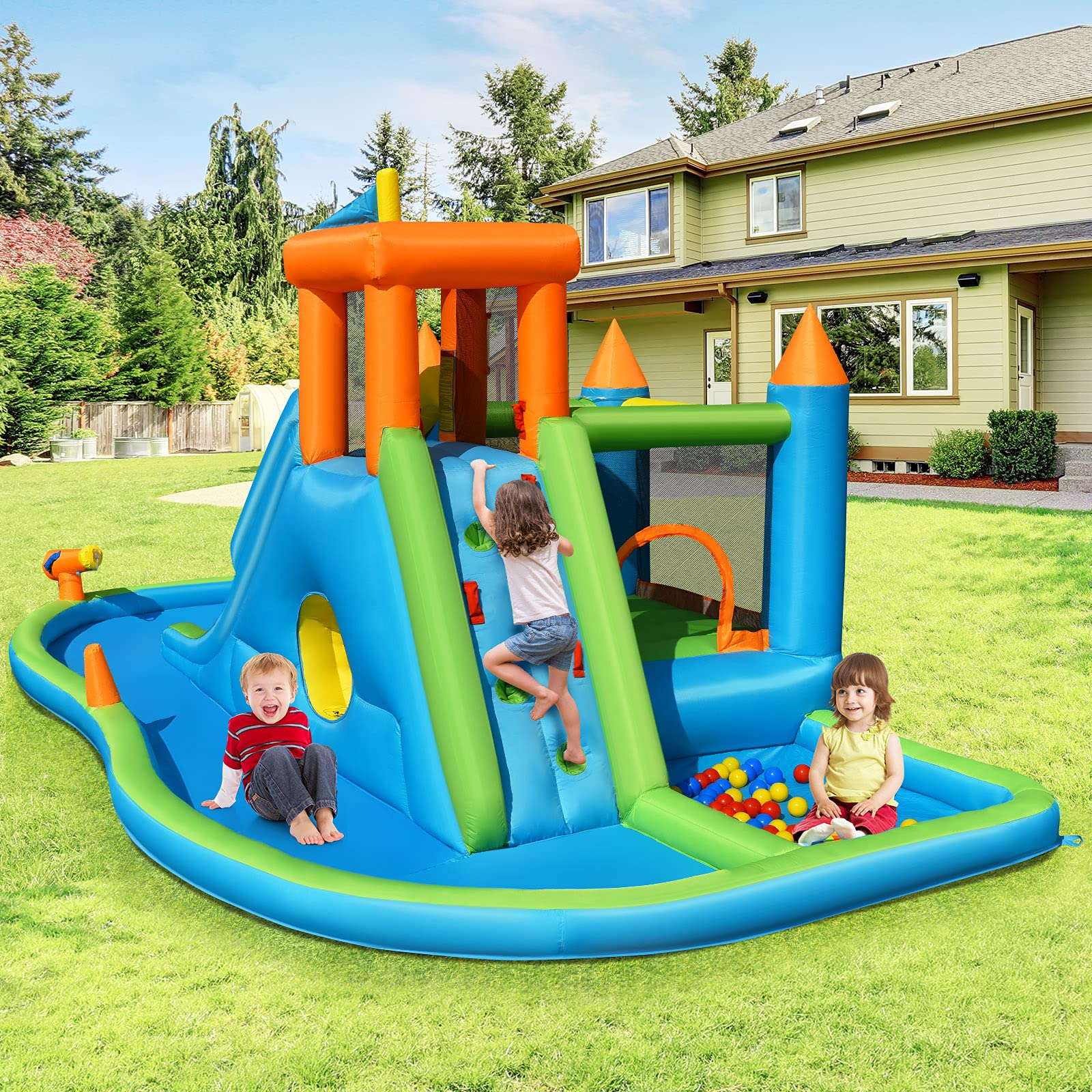 BOUNTECH Inflatable Water Slide Park | 8 in 1 Bounce House w/ Large Splash Pool