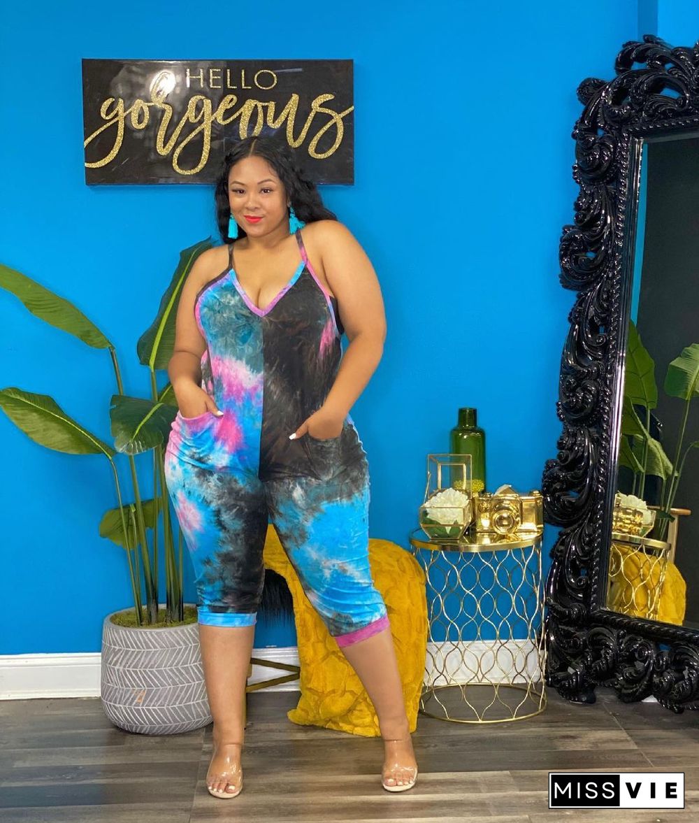 Tie Dye Print Sleeveless Plus Size Rompers