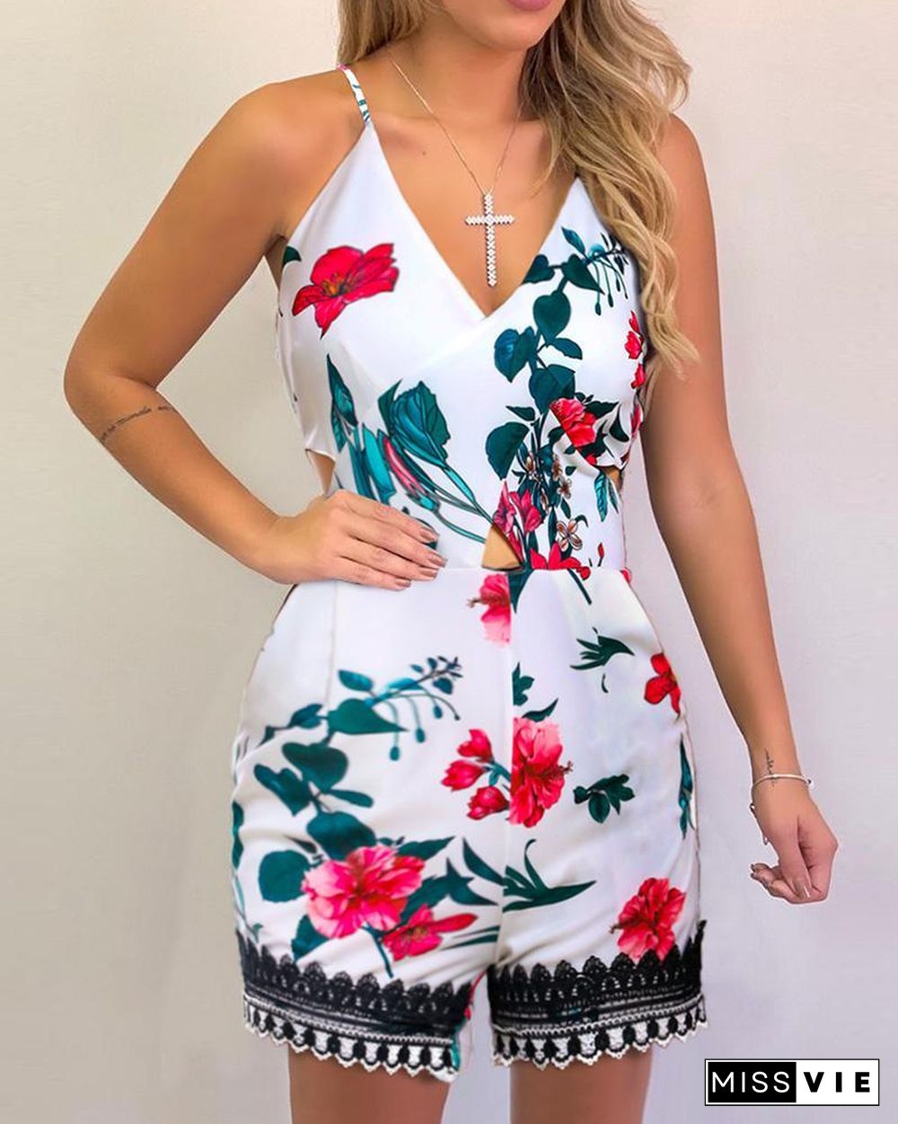 Tropical Print Cutout Lace Trim Romper P16065