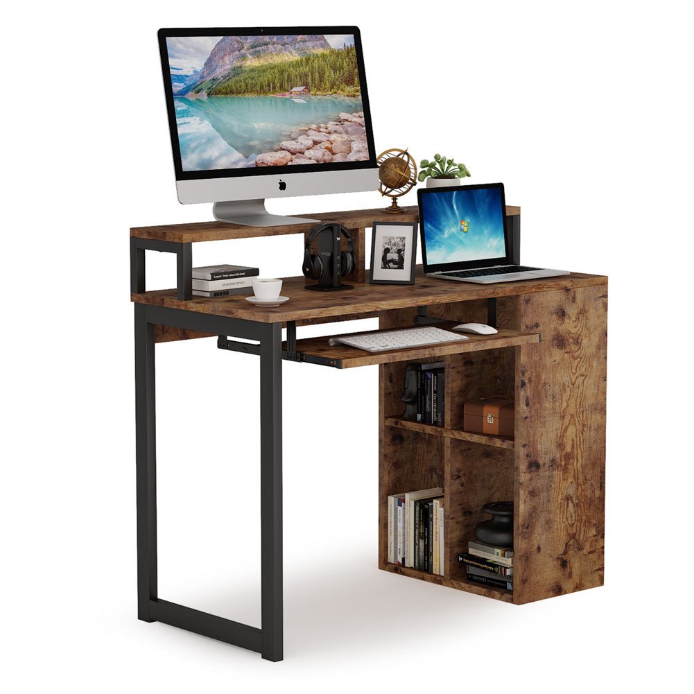 Industrial Computer Desk with 4-Cube Shelves & Push-Pull Keyboard Tray