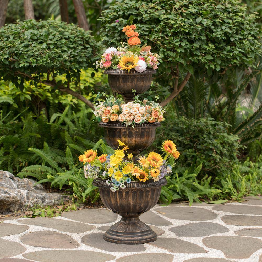 Gardenised Bronze Outdoor Garden Triple Stacked Flower Bowl Urn Tier Planter Decoration QI004403