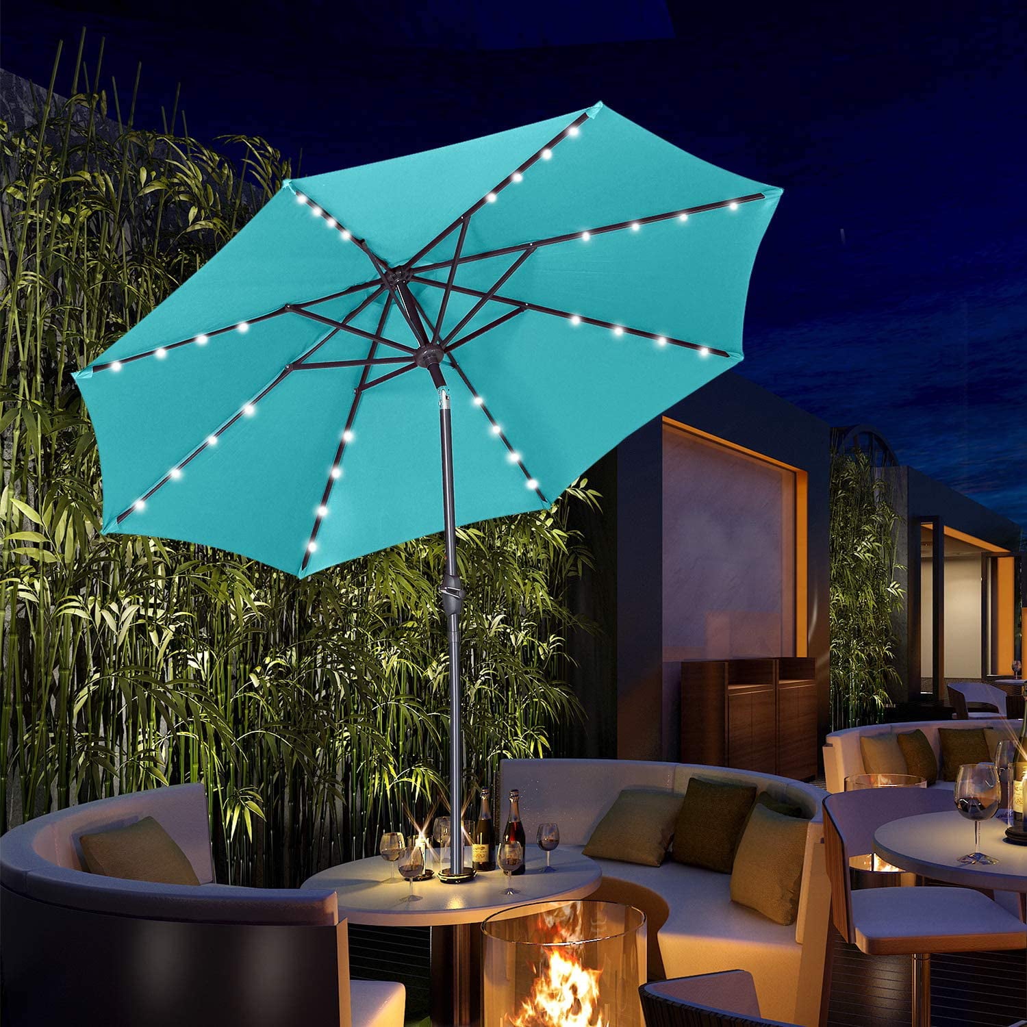 Ainfox 9Ft Outdoor Patio Solar Powered Umbrella with 32 LED Lights 8 Sturdy Ribs ,Table Market Umbrella with w/Tilt Adjustment and Crank for Garden,Deck,Backyard,Pool(Blue)