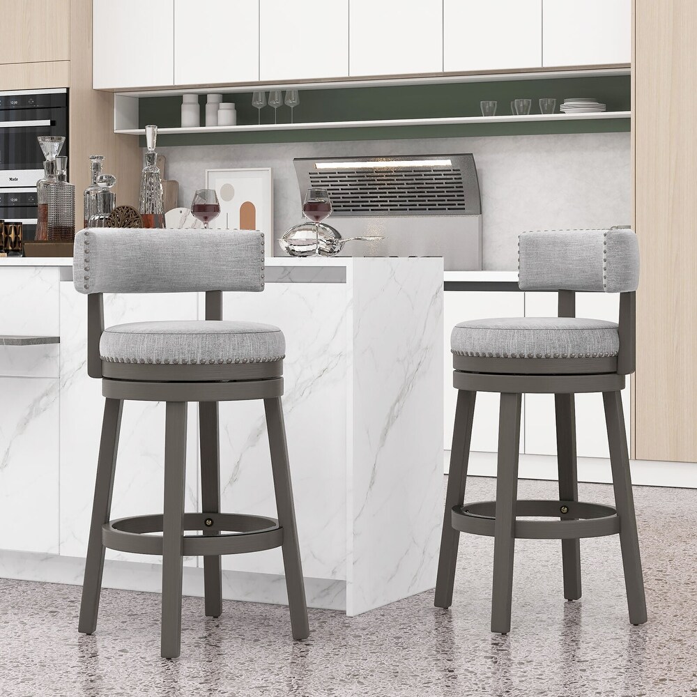 Gymax Set of 4 Upholstered Swivel Bar Stools Wooden Bar Height Kitchen