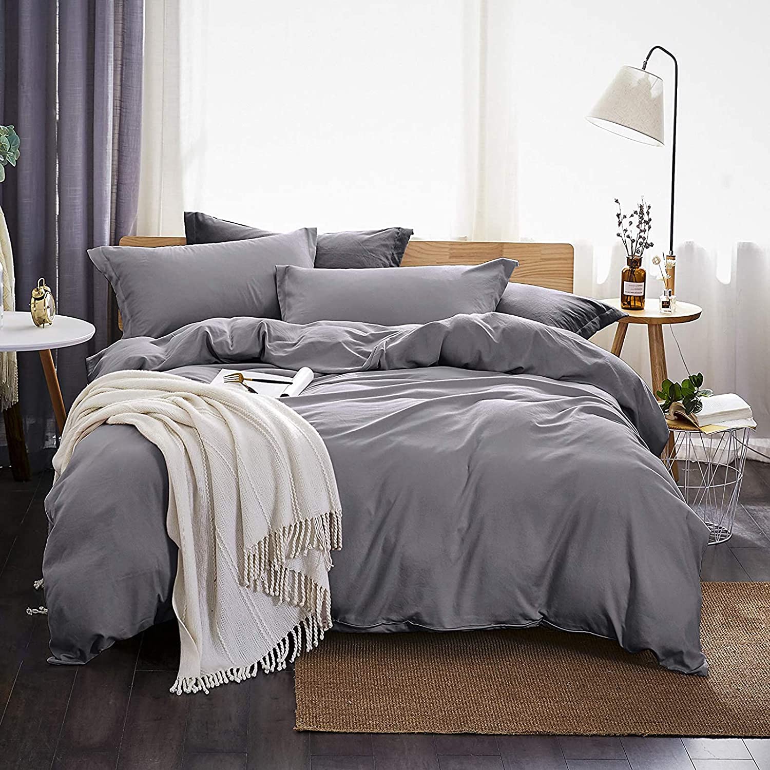 Dreaming Duvet Cover Set 100% Washed Microfiber 3 pcs Solid Color - Soft and Breathable with Zipper Closure & Corner Ties