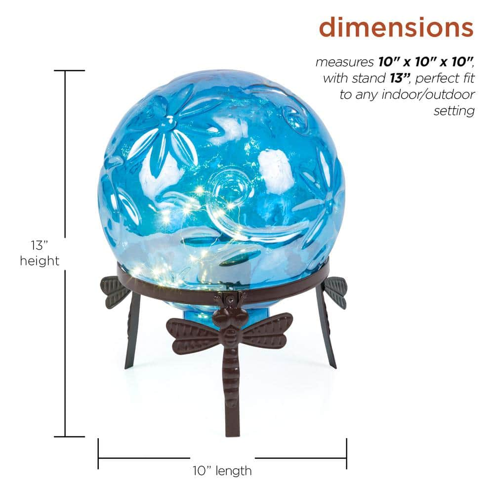 Alpine Corporation 13 in. Tall Indoor/Outdoor Pearlized Blue Glass LED Gazing Globe with Stand HGY112A-BL