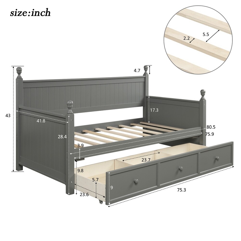 Twin Size Wood Daybed with 3 Drawers  No Box Spring Needed  Grey