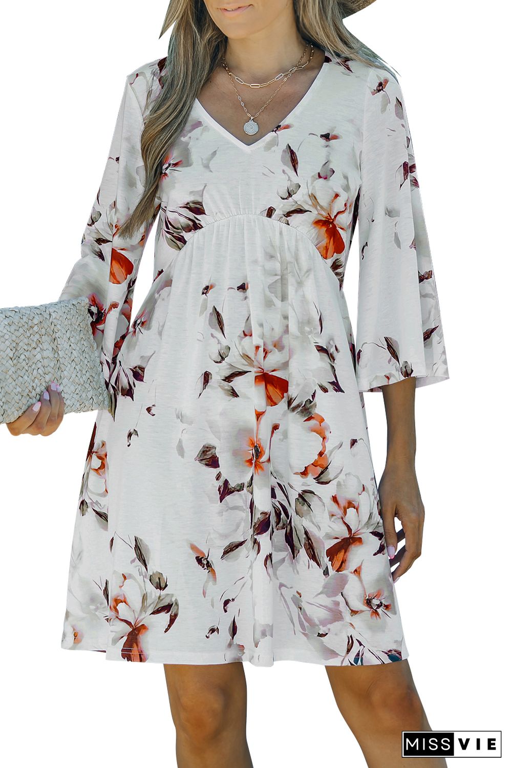 White V Neck 3/4 Sleeve Floral Dress