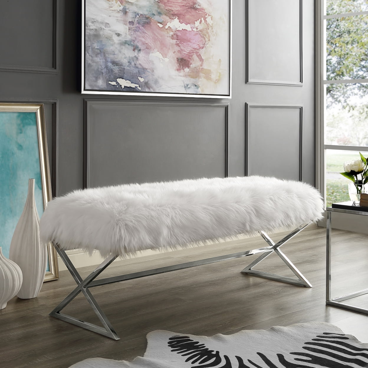 Liam Faux Fur Bench-Stainless Steel Legs-Living-room, Entryway, Bedroom-Inspired Home