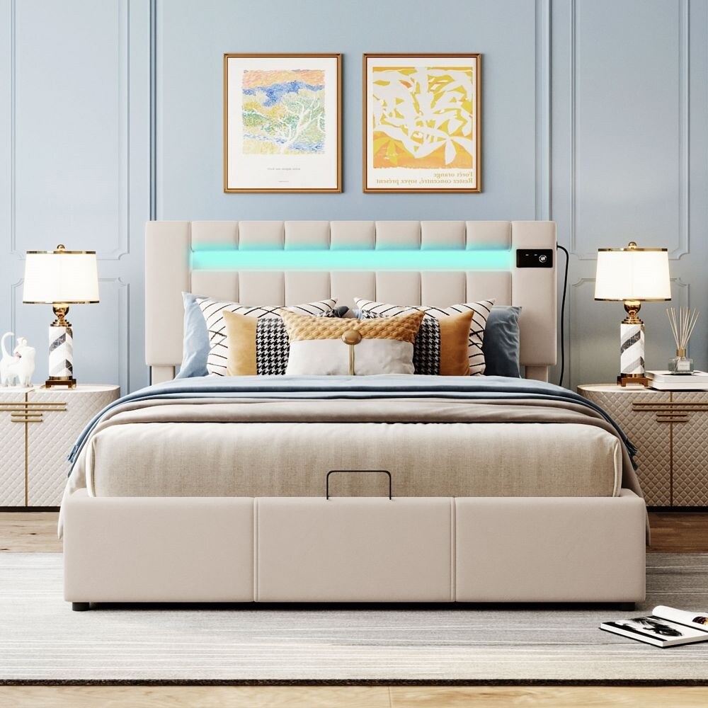 Upholstered Bed Queen Size with LED light  Bluetooth Player and USB Charging  Hydraulic Storage Bed