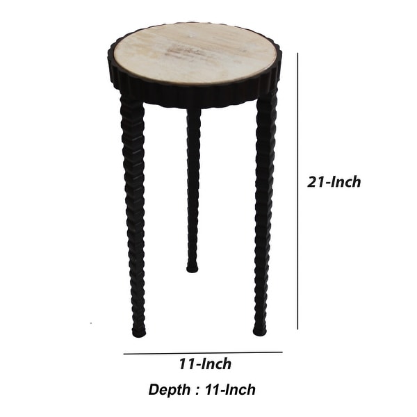 22 Inch Round Wooden Side Table with Tapered Tripod Base， Brown and Black