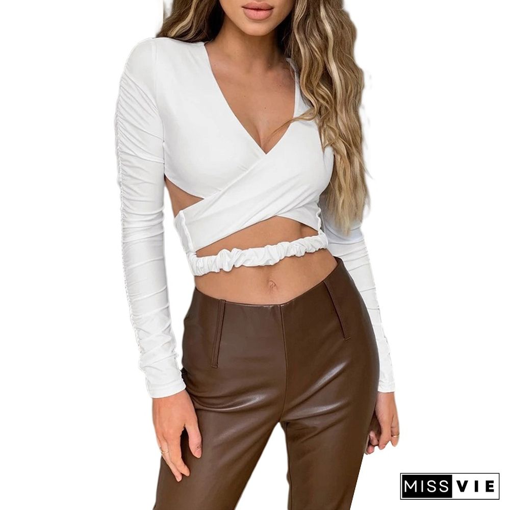 Women's Cross Wrap Crop Tops Ruched Long Sleeve Deep V Neck Cut Out Slim Fit T-Shirts Tunic Top Elastic Waist Tee Shirt