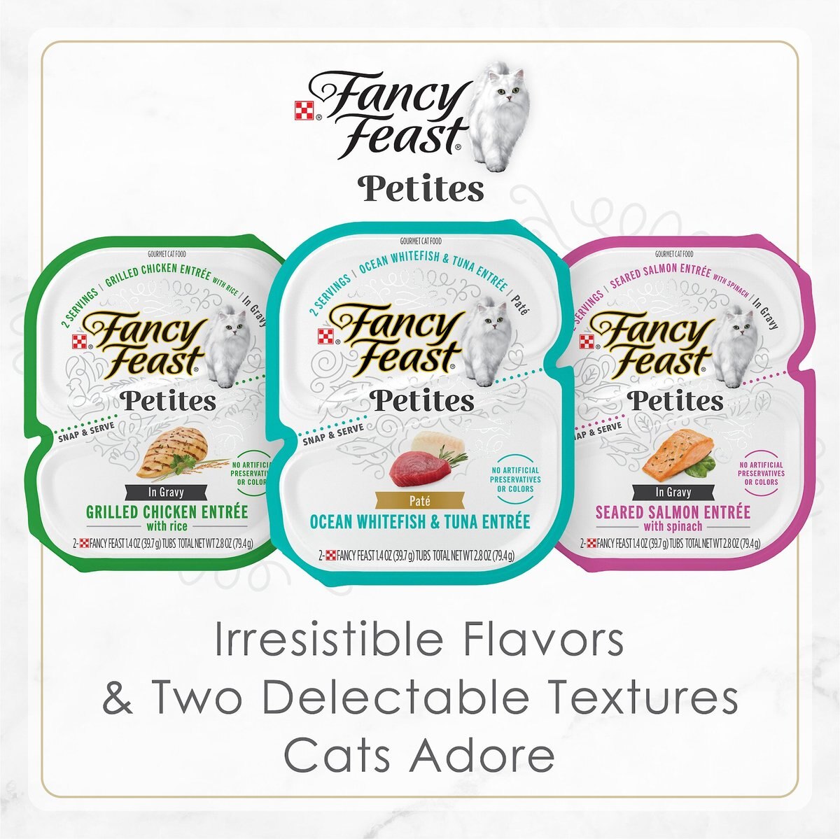 Fancy Feast Petites Gourmet Gravy Wet Cat Food， Petites Grilled Chicken With Rice Entree， 2.8-oz tub， case of 12， 12 count