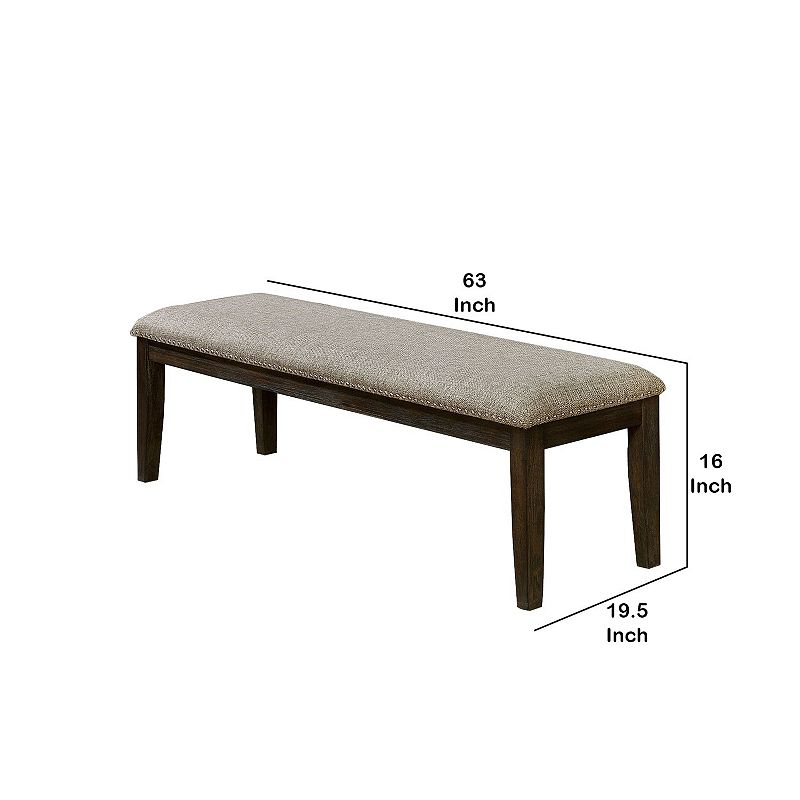 Fabric Upholstered Bench with Nailhead Trim and Tapered Legs， Gray and Espresso