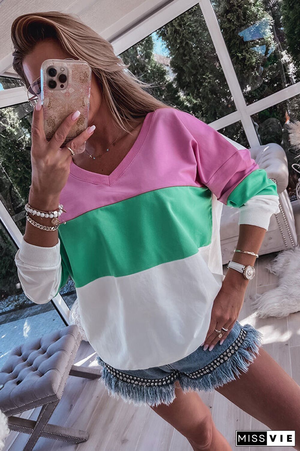 Pink Ribbed V Neck Color Block Patchwork Sweatshirt