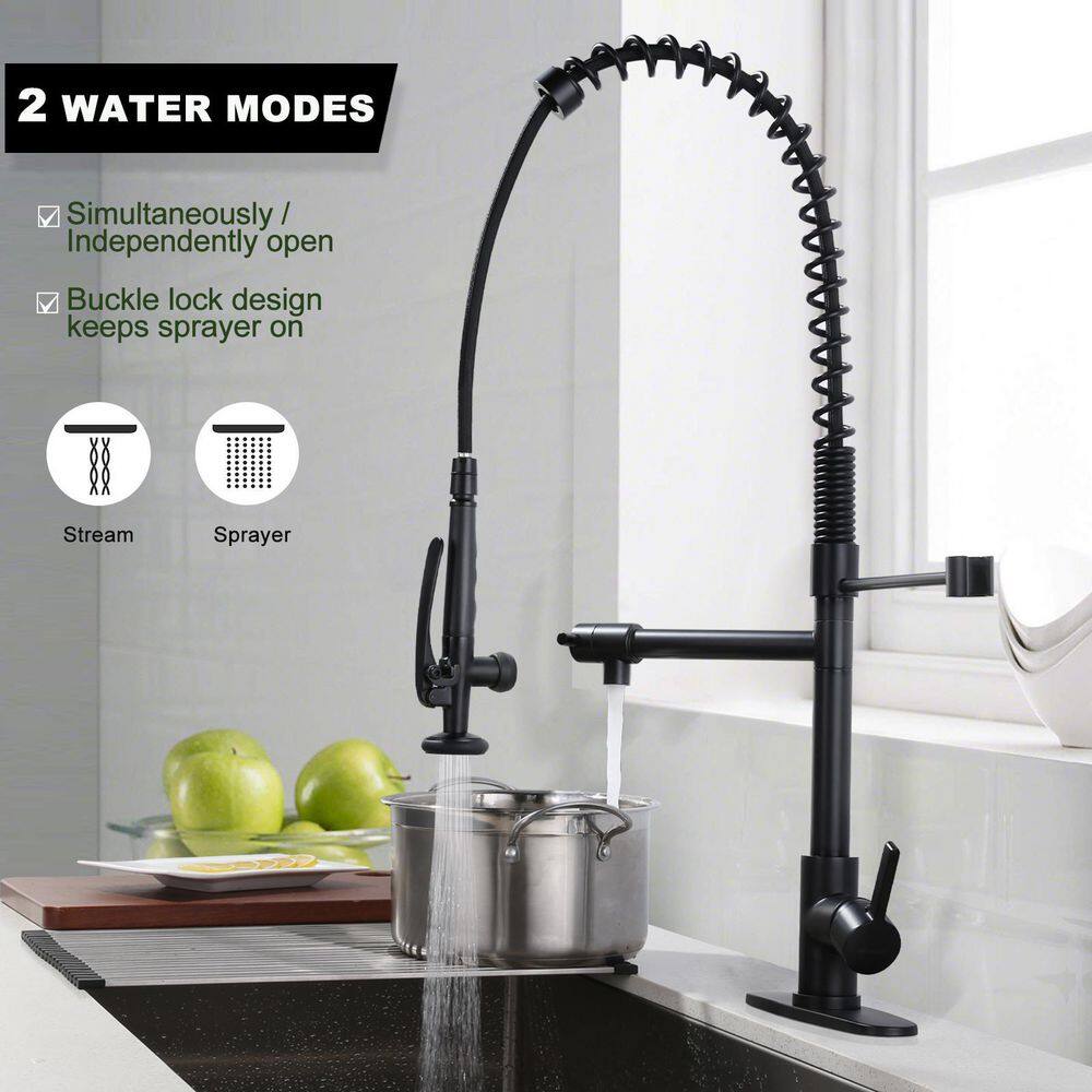 WOWOW Single-Handle Wall Mount Gooseneck Pull Out Sprayer Kitchen Faucet with Included Supply Lines in Matte Black 2312000B-AMUS