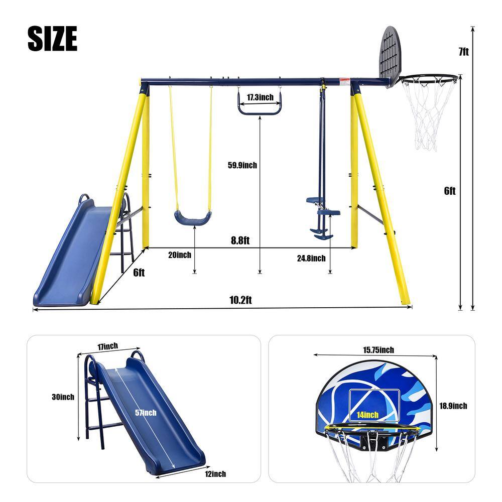 Afoxsos 5 in 1 Outdoor Tolddler Swing Set for Backyard with Steel Frame Seesaw Swing Basketball Hoop HDMX737