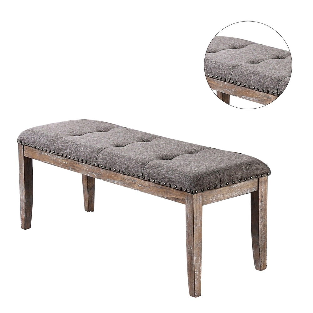 Fabric Upholstered Bench with Nail Head Trims  Brown and Natural