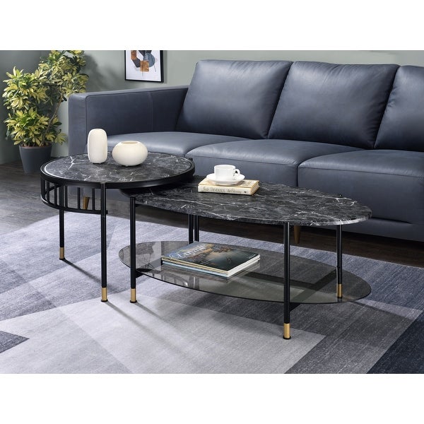 Nesting Coffee Table with 2 Pc Nesting Table Set and Marble Grain Table Top， Center Table with Metal Lags for Living Room， Office