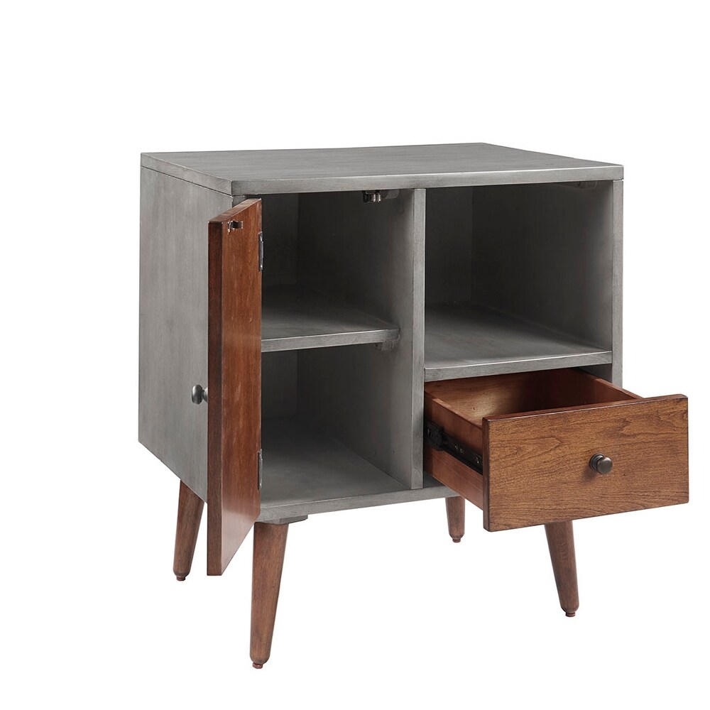 Mid Century Modern Bedside Table with Storage Drawer Open Wood Shelf End Table Wood Finish Matte Accents with Storage