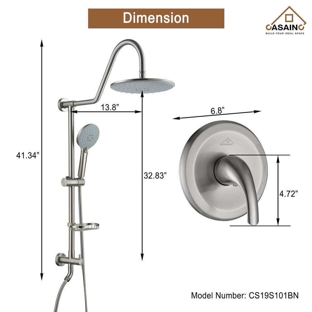 CASAINC 3-Spray Patterns 2.5GPM Round 10 in. Wall Bar Shower Kit with Hand Shower and Slide Bar in Brushed Nickel CS19S101BN