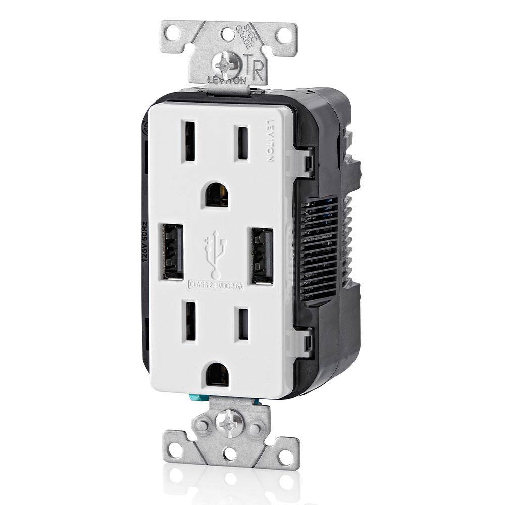 Leviton 3.6A USB Dual Type A In-Wall Charger with 15 Amp Tamper-Resistant Outlets White R02-T5632-0BW