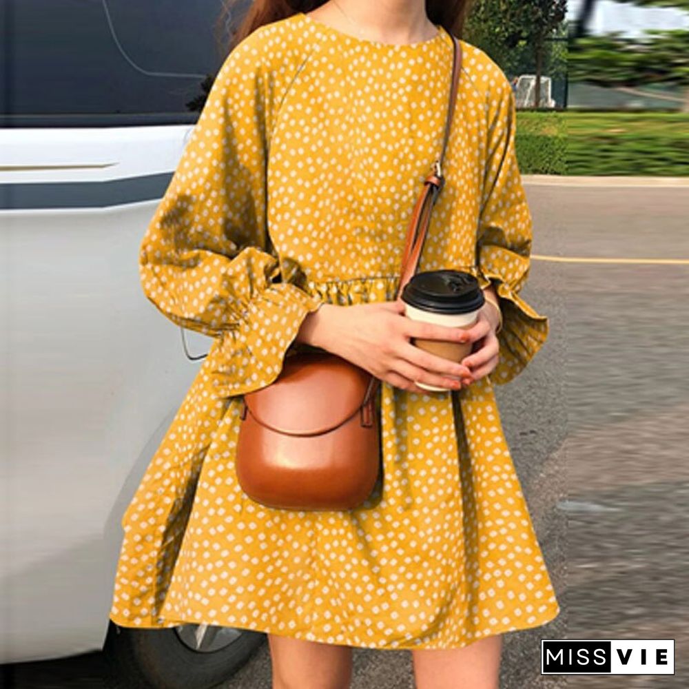 Women Fashion Small Fresh Long Sleeve O Neck Dress Early Autumn Dot Print Mini Dress Ladies Casual Loose High Waist Dresses