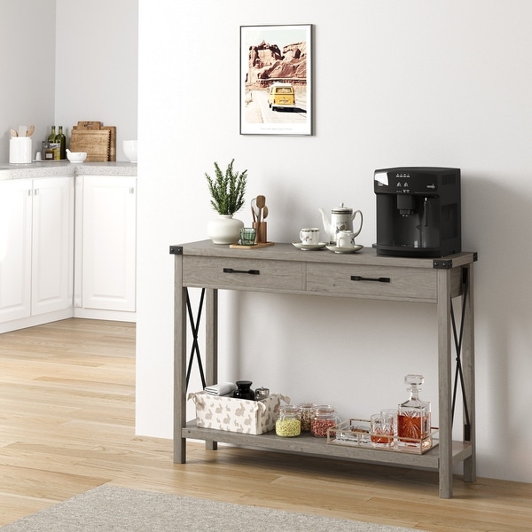 Console Table with 2 Drawers， Farmhouse Sofa Table with Storage Shelf， Accent Wood Entryway Table for Living Room