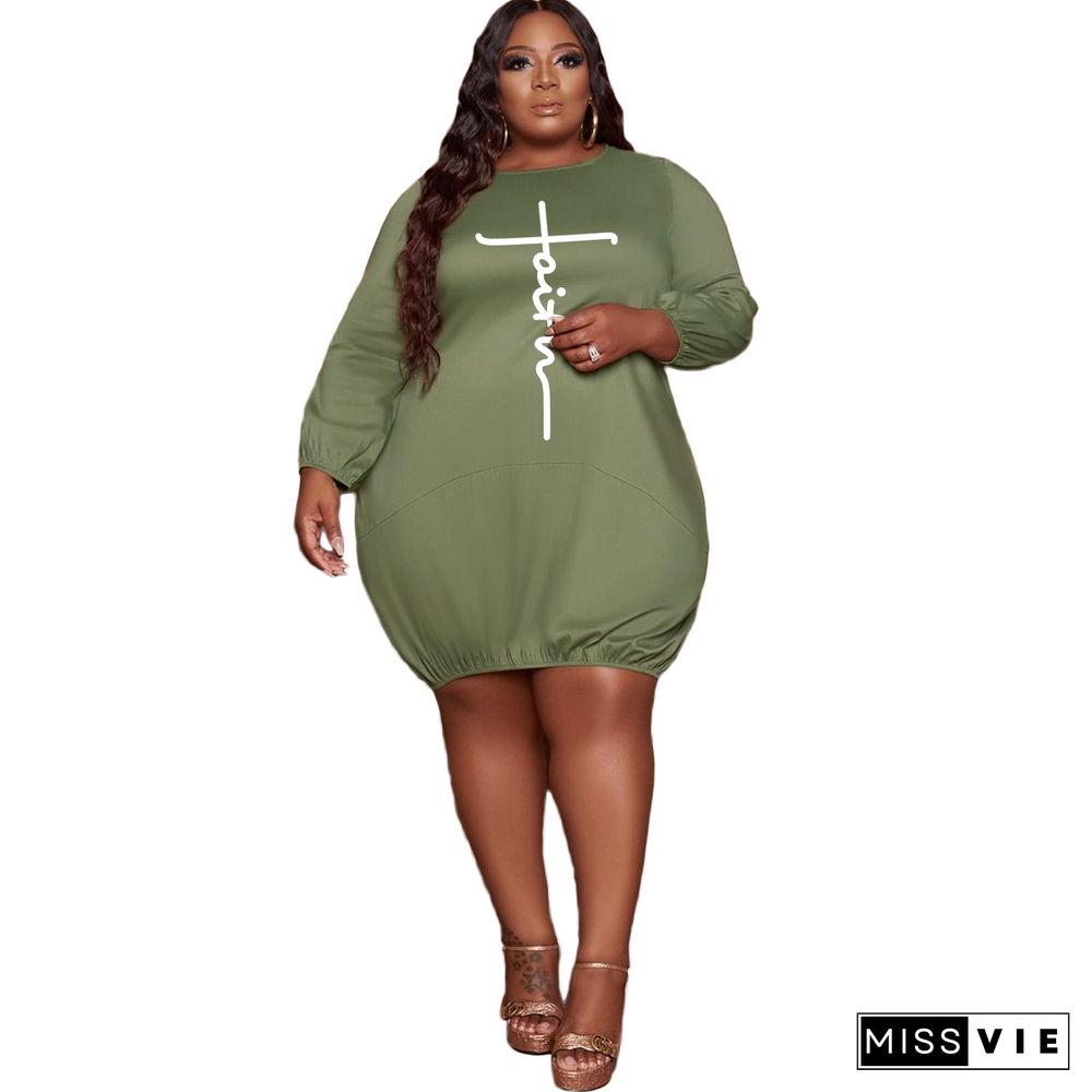 Plus Size Long Sleeve O Neck Loose Midi Dress