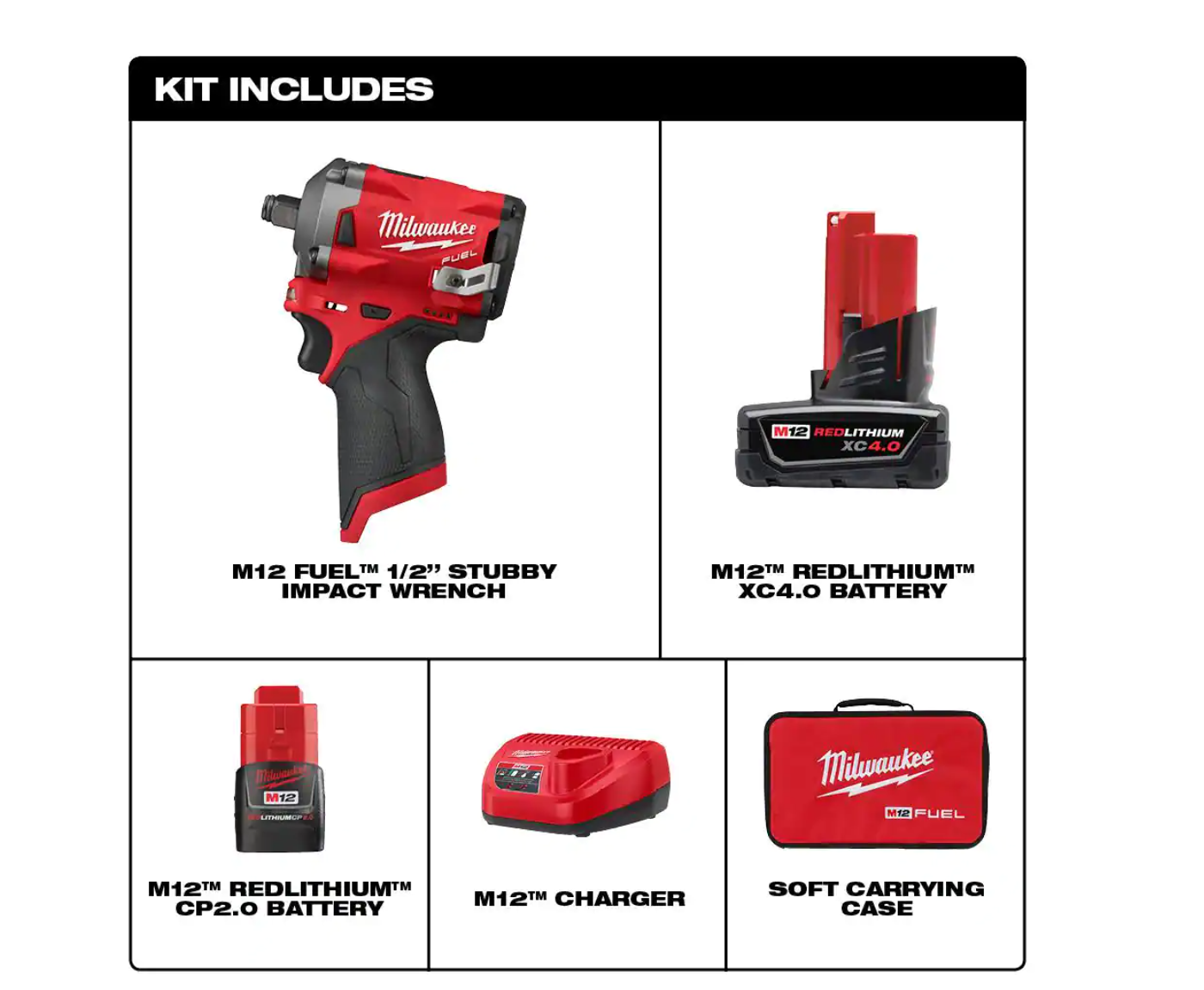 Milwaukee 2555-22-49-66-7011 M12 FUEL 12V Cordless Brushless Stubby 1/2 in. Impact Wrench Kit with 1/2 in. Drive SAE Deep Socket Set (12-Piece)