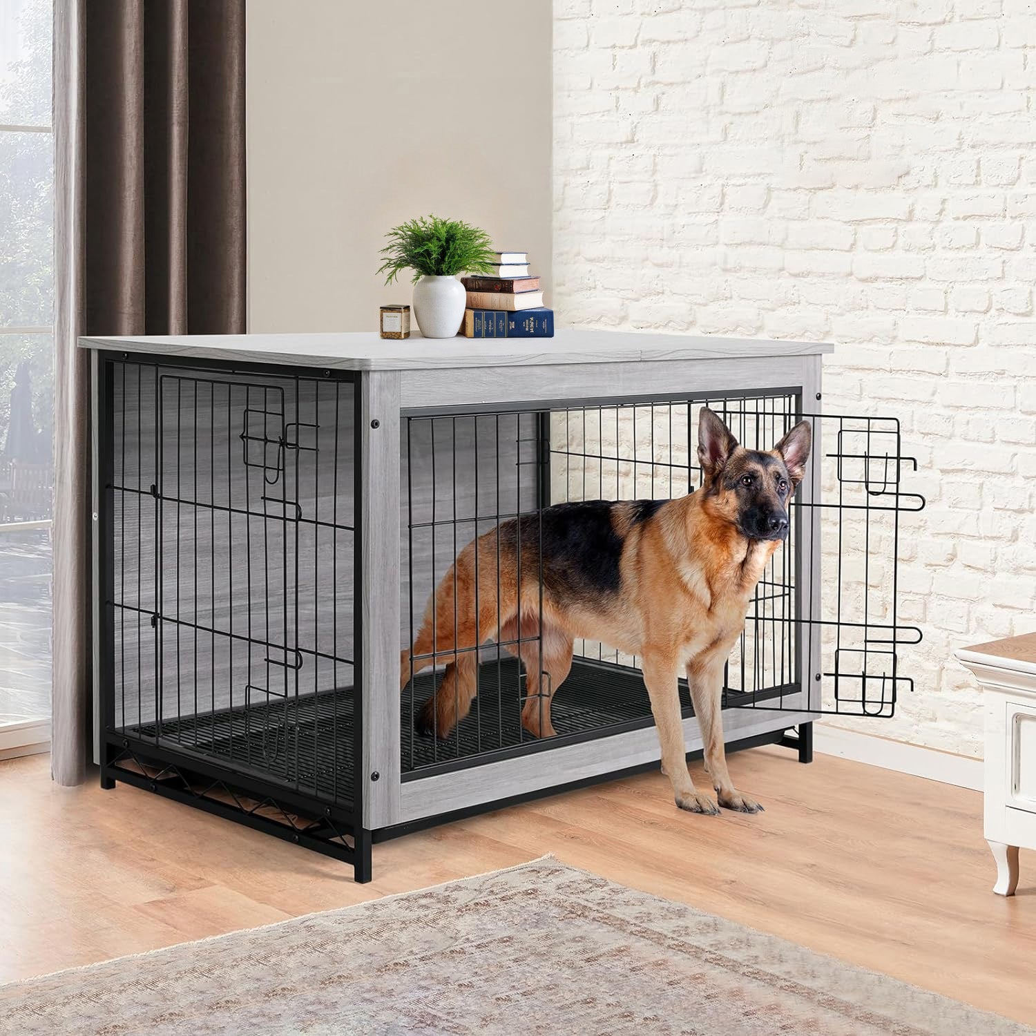 Dog Crate Furniture 44-inch Side End Table, Dog Cage with Pull-Out Removable Tray for Large Pets