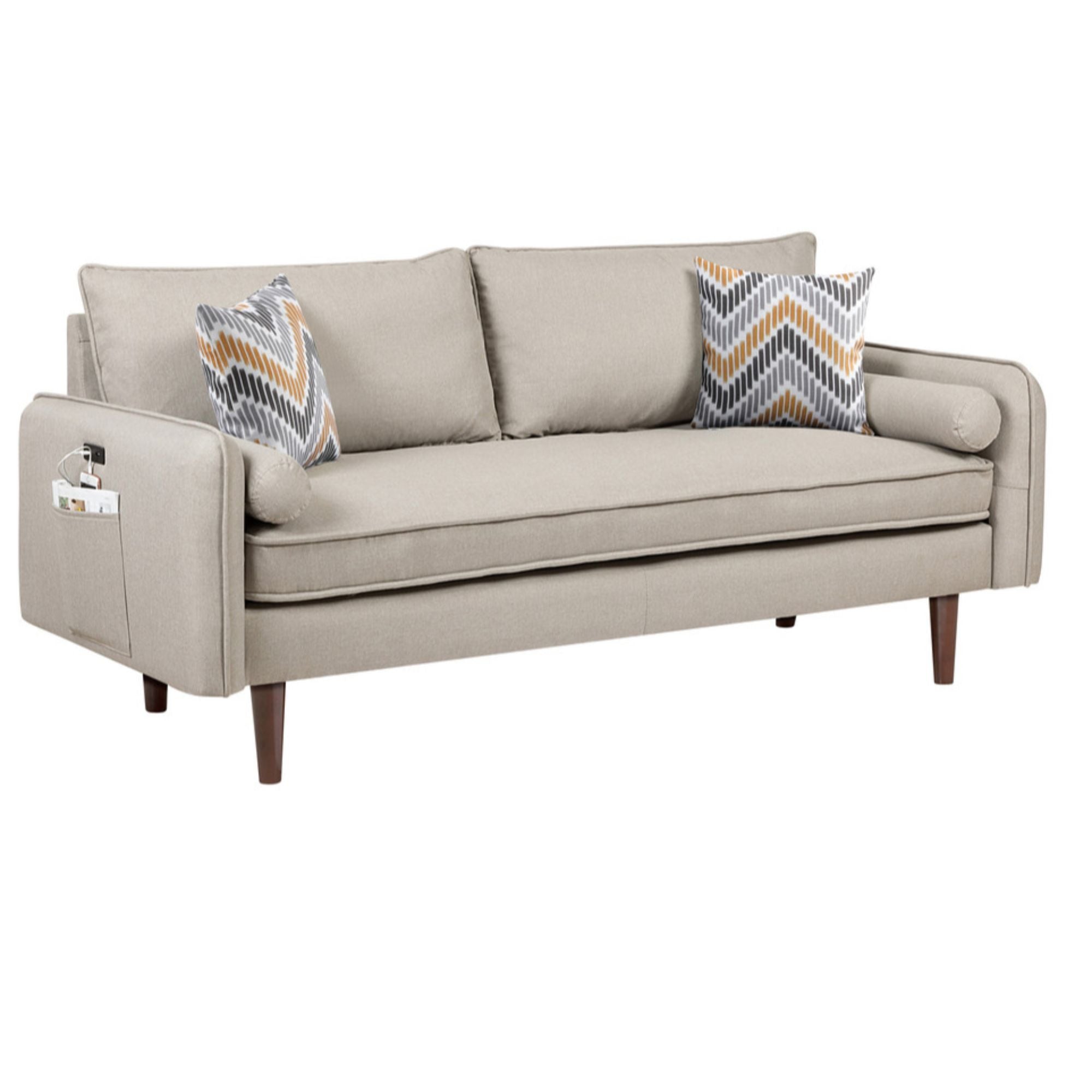 5.75' Cream Beige Mid-Century Modern Sofa and Loveseat Living Room Set with USB Charging Ports and Pillows