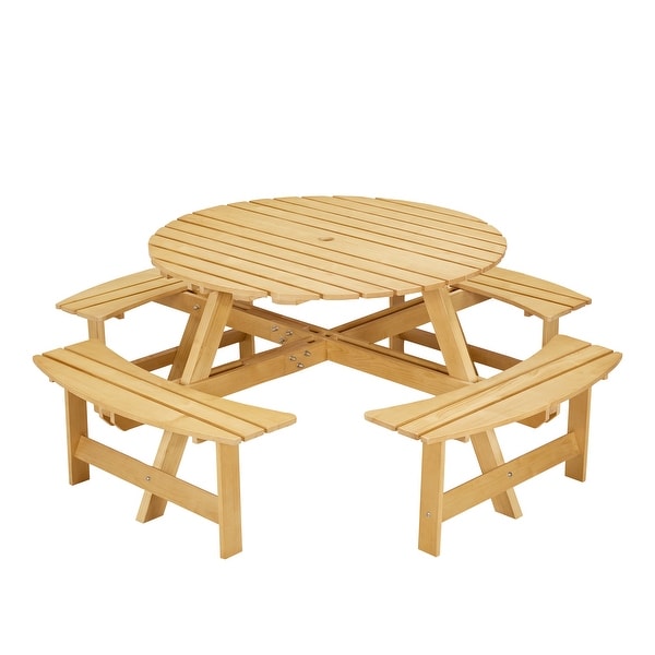 Outdoor 8 Person Picnic Table，8 person Round Picnic Table with 4 Builtin Benches，Umbrella Hole，Outside Table and Bench Set