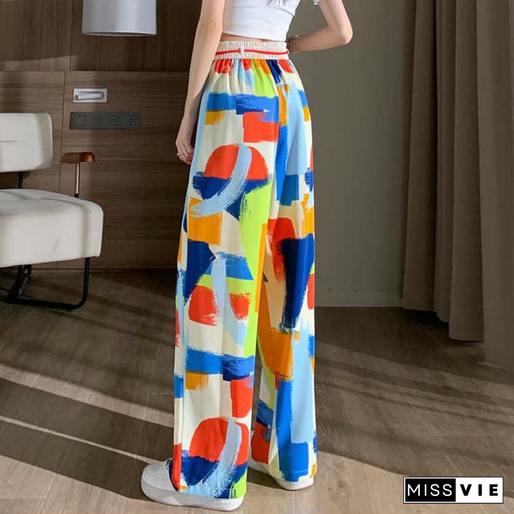 Colorblock High Waist Wide Leg Casual Pants