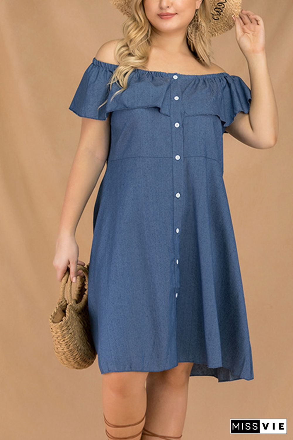 Off Shoulder Button Down Ruffle Denim Plus Size Dress Wholesale