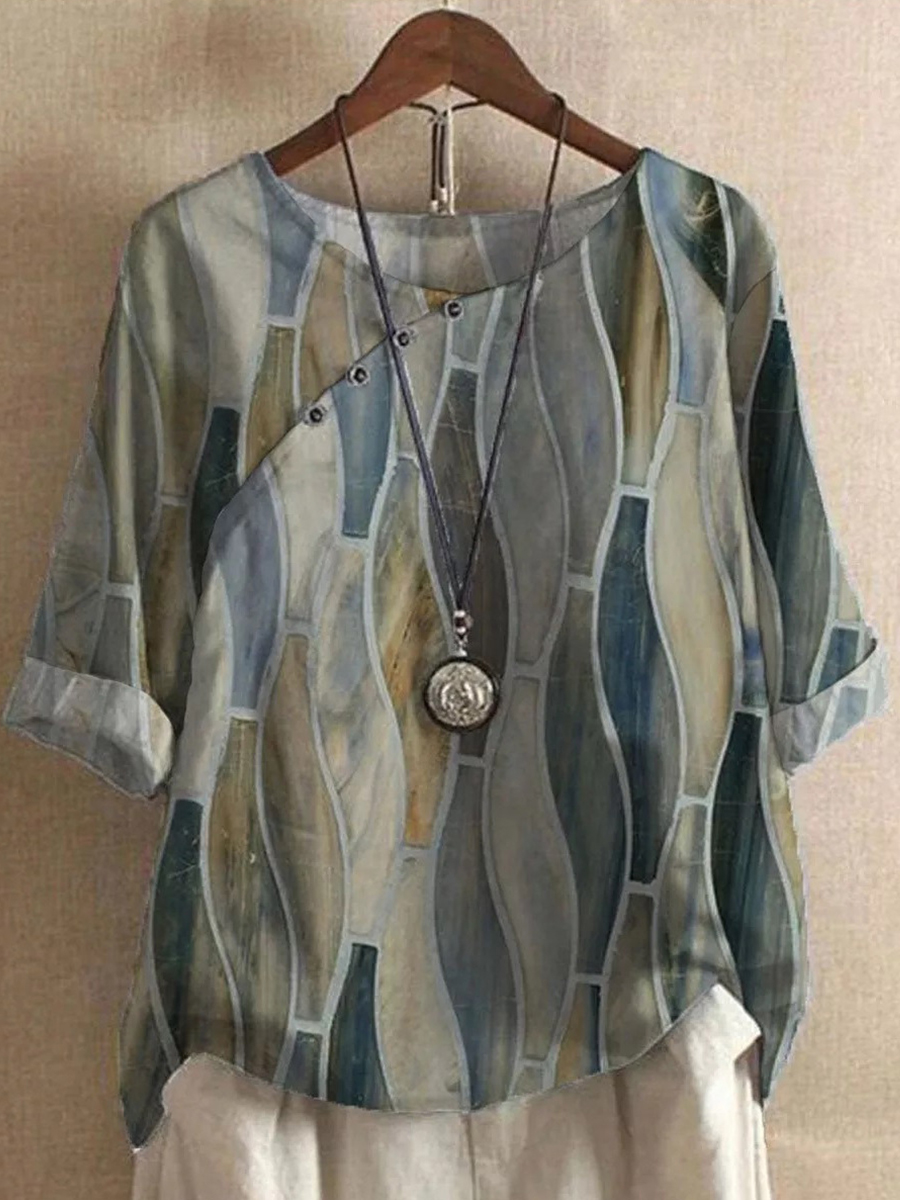 Printed Half Sleeves Buttoned Crew Neck Blouse