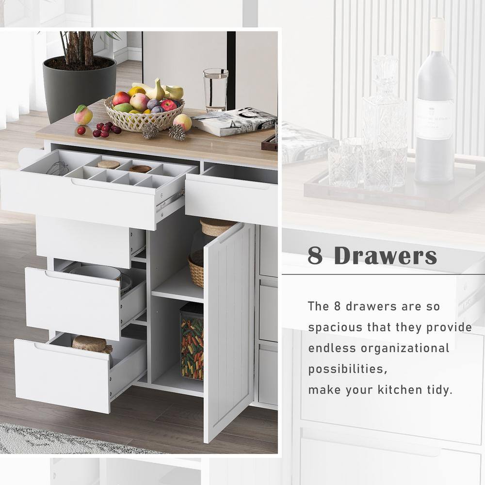 White Rubber Wood Countertop 53.1 in. W Kitchen Island on 5-Wheels with 8-Handle-Free Drawers and Flatware Organizer EC-SK000002AAW