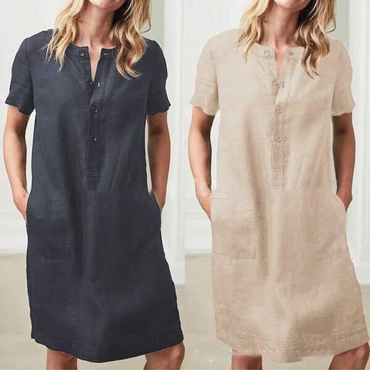 2022 European And American Cross-border    Hot Sale Cotton And Linen Loose Short-sleeved Mid-length Women's Dress Spot Red Wine 2xl  2xl