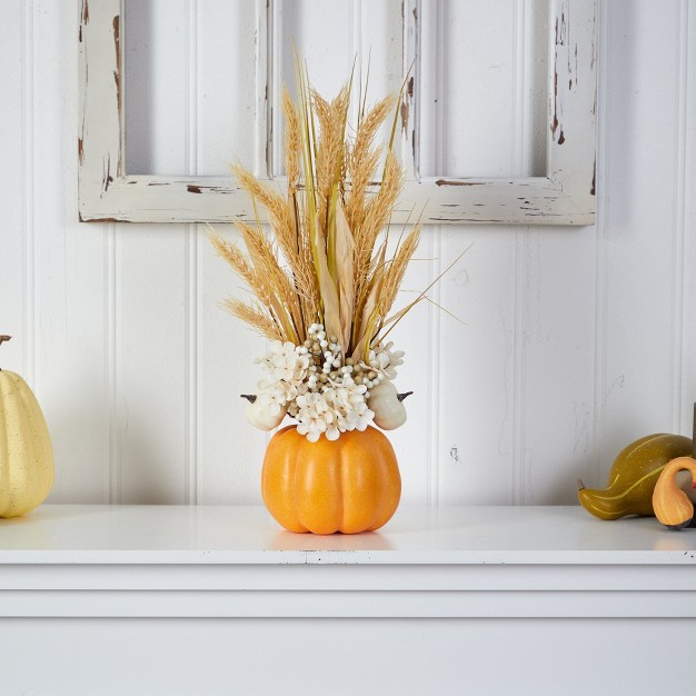 Nearly Natural 21-in Autumn Dried Wheat And Pumpkin Artificial Fall Arrangement In Decorative Pumpkin Vase