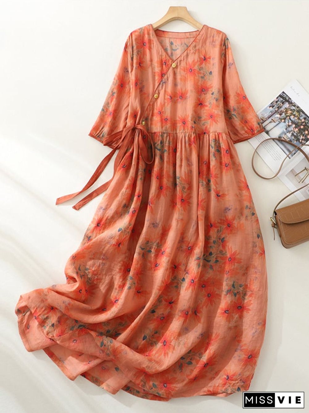 Forest Style Floral Petal Buckle Lined Dress