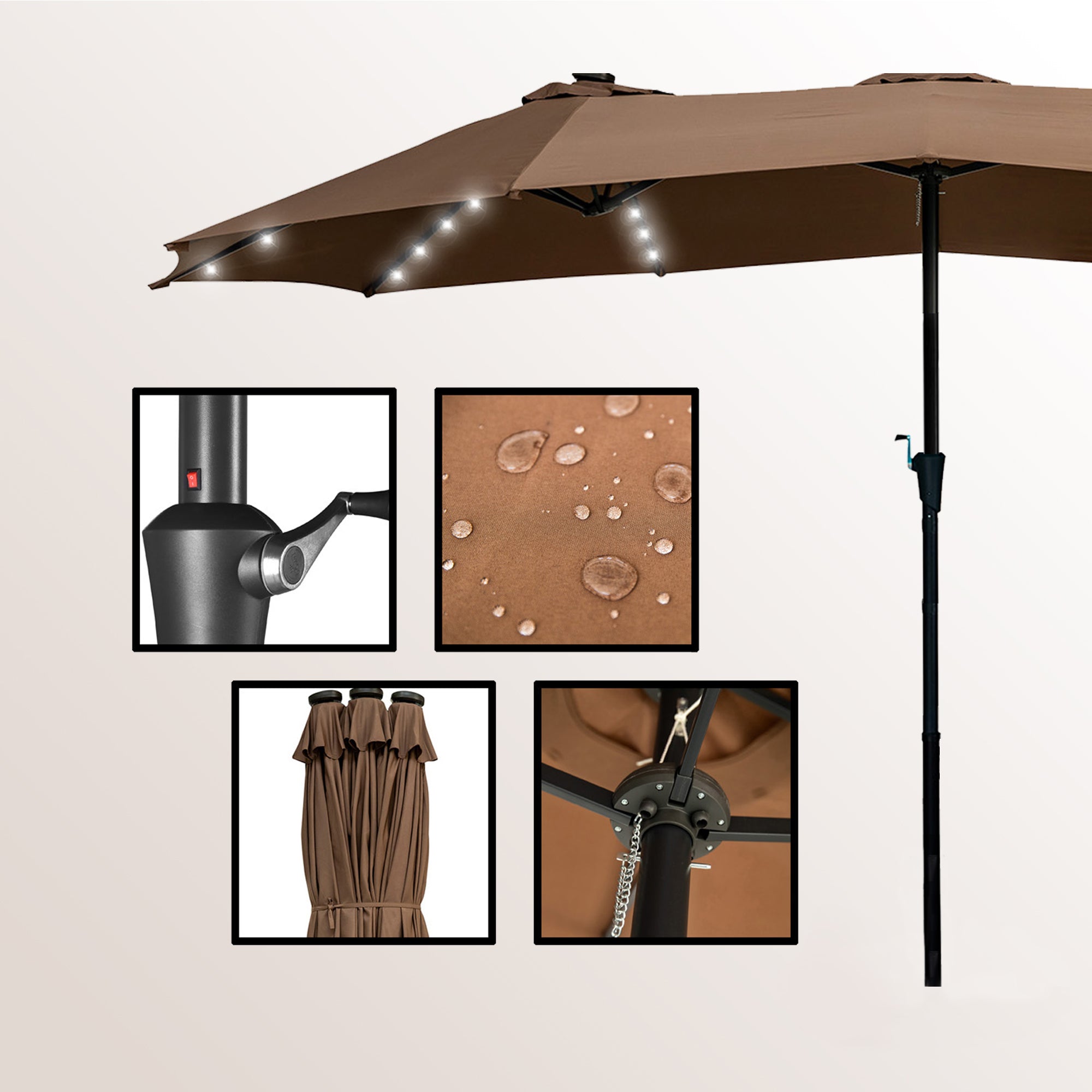 Autlaycil Table Umbrella 15FT Double-Sided Patio Umbrella W/ Solar Lights, Outdoor Market Umbrella W/ Crank-Brown